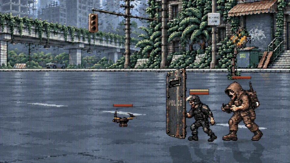 Dead City Cats gameplay: a riot-shield zombie and a drone operator boss on a flooded street