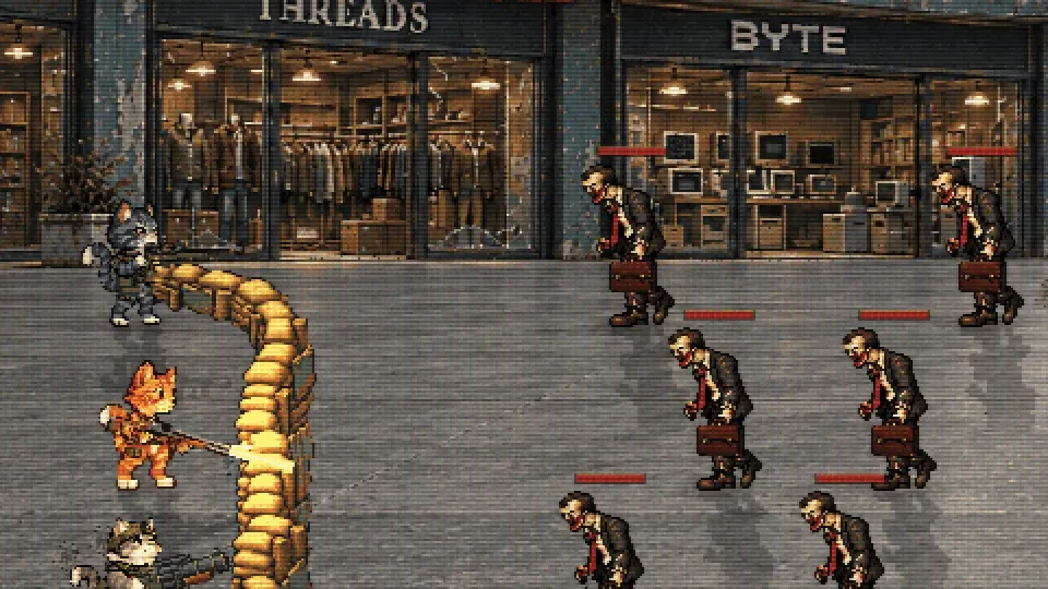 Dead City Cats gameplay: three armed cats hold a sandbag barricade against a zombie horde